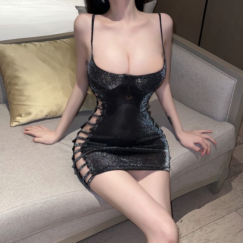 實拍~性感浴火辣妹側鏤空緊身包臀超短吊帶夜場連衣裙女裝