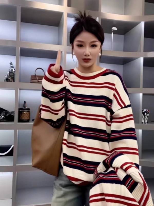 歐貨大版圓領撞色條紋毛衣女2023秋冬新款笑臉寬鬆慵懶風針織上衣