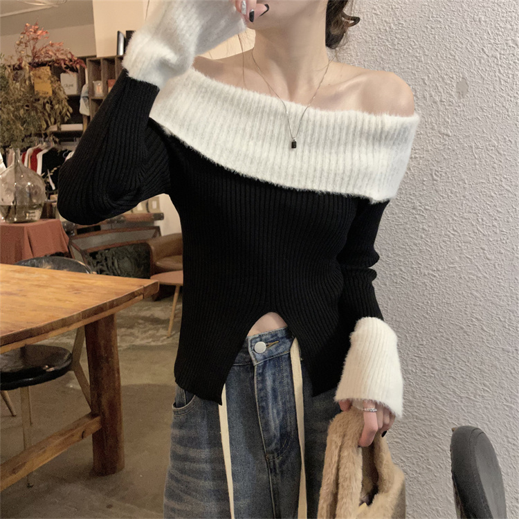 實拍純欲風開叉針織衫女秋冬內搭打底一字露肩毛衣上衣