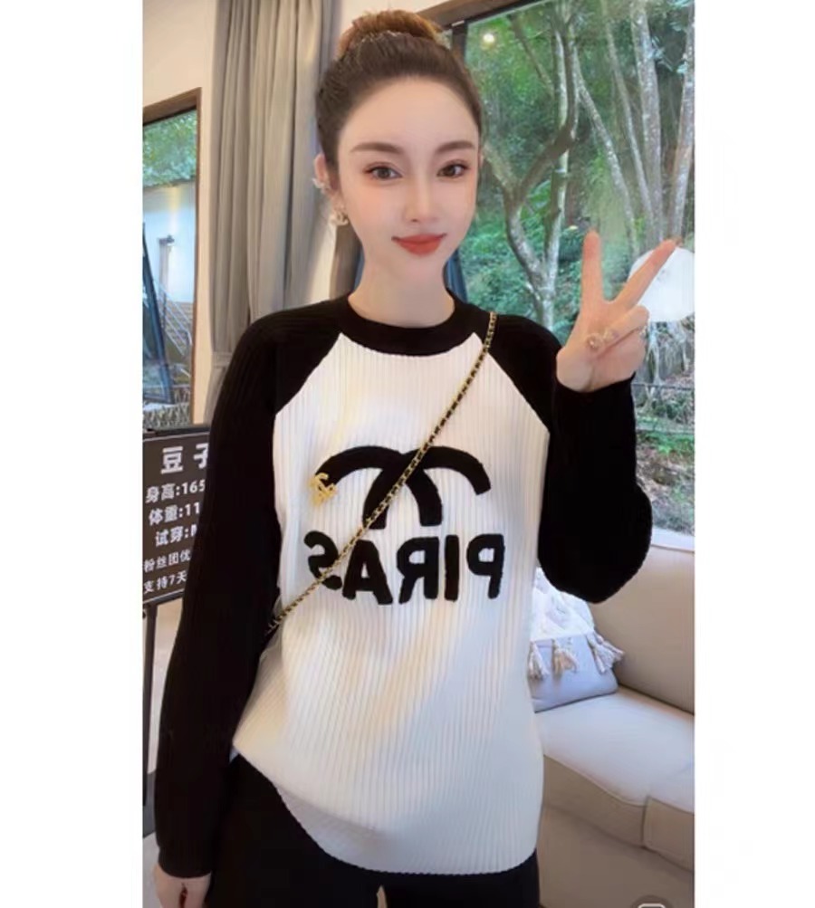 拼接撞色長袖針織毛衣女2023秋季新款圓領字母寬鬆時尚洋氣上衣潮