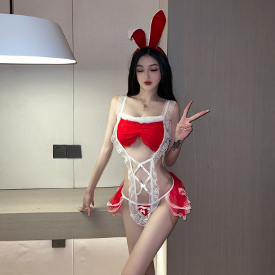 實拍~聖誕冬季私房家居服蕾絲邊內搭性感誘惑紅色連體衣女