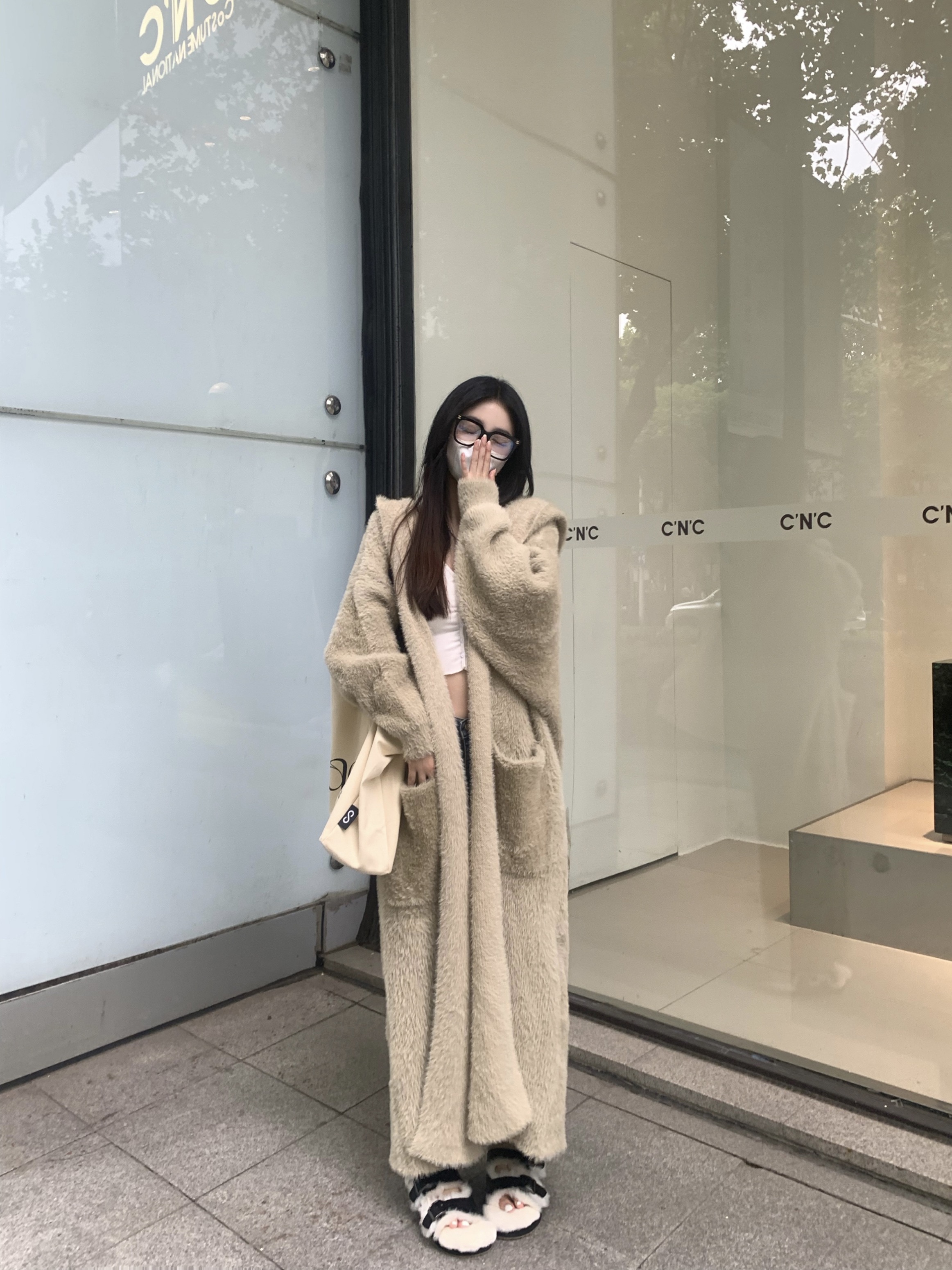 仿水貂絨連帽毛衣外套女長款高級感寬鬆慵懶風過膝針織開衫大衣