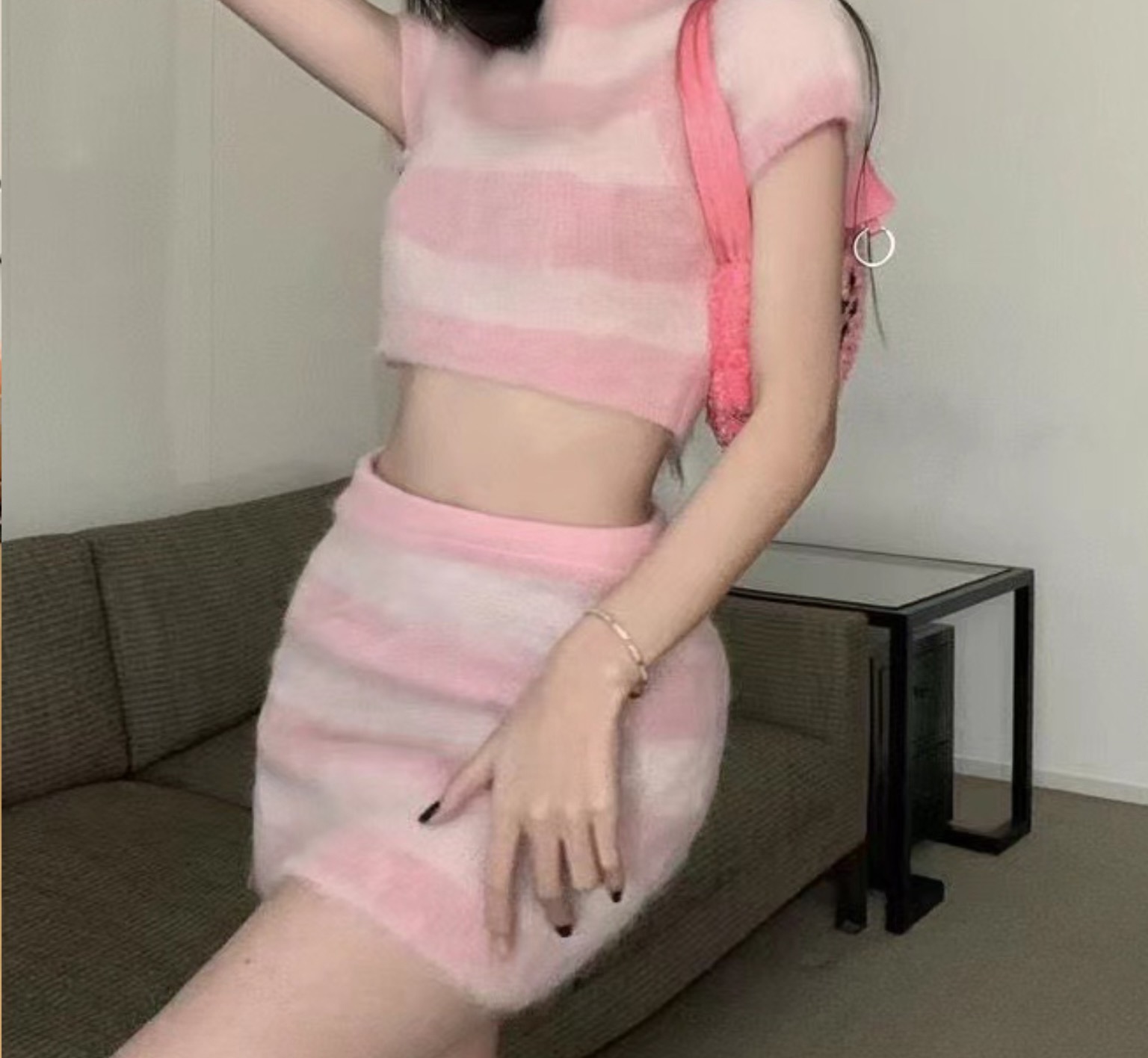 春秋季新款甜辣妹套裝純欲性感條紋針織衫上衣包臀半身裙兩件套女