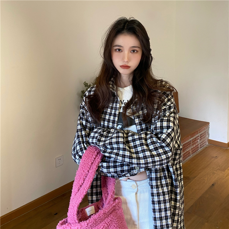 Actual shot of new loose Korean style long-sleeved shirt jacket retro Hong Kong style brushed plaid shirt for women