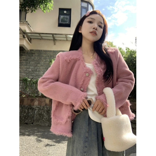 粉色小香风高级设计感开衫针织外套女2023年秋冬新款独特别致上衣