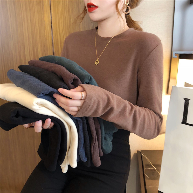 Official picture of German velvet double-sided German velvet bottoming shirt for women in autumn and winter, long-sleeved T-shirt, round neck, velvet and thickened, western style ins trend