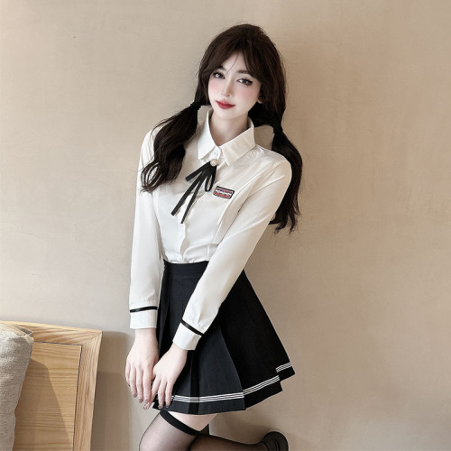 College style suit for women in autumn, age-reducing white long-sleeved tie shirt + pleated skirt work clothes two-piece set
