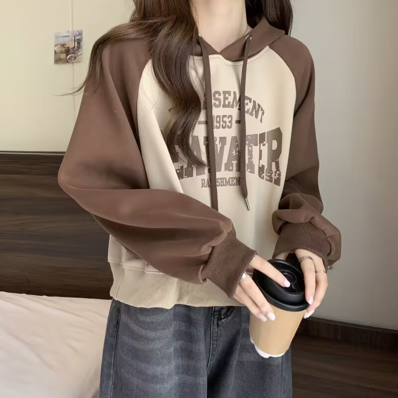 美式復古抽繩插肩連帽套頭衛衣女秋冬學生外套小個子上衣秋冬長袖