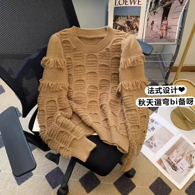 綿羊絨 慵懶鬆弛感穿搭卡其色毛衣女秋冬設計感小眾手工立體鈎花