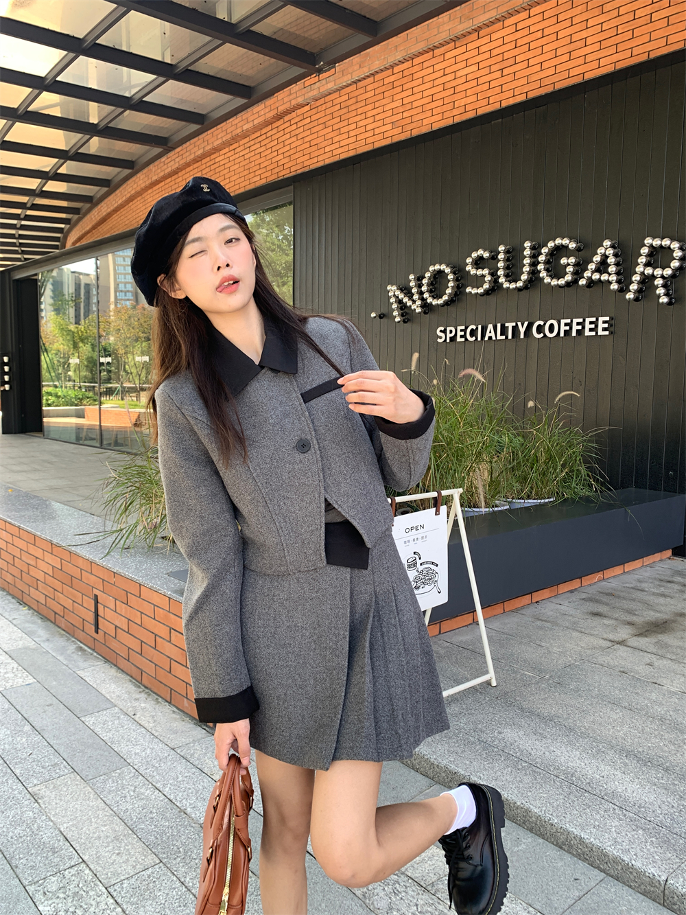 實拍富家千金溫柔氣質小香風毛呢套裝女短款呢子上衣百褶半身裙