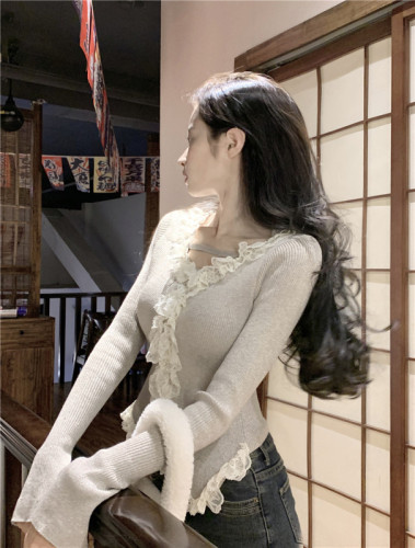 Actual shot~Fine shimmering lace top with ceiling in autumn and winter, square neck long-sleeved knitted bottoming shirt for women