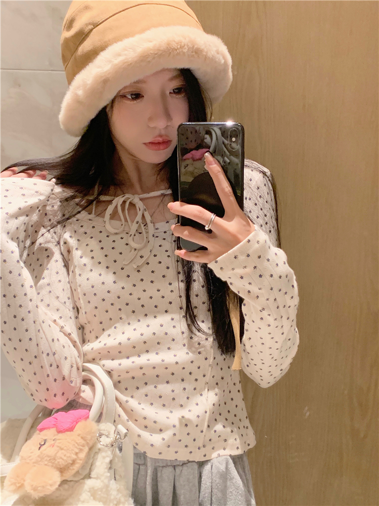 實拍~清甜碎花系帶掛脖打底長袖T恤女