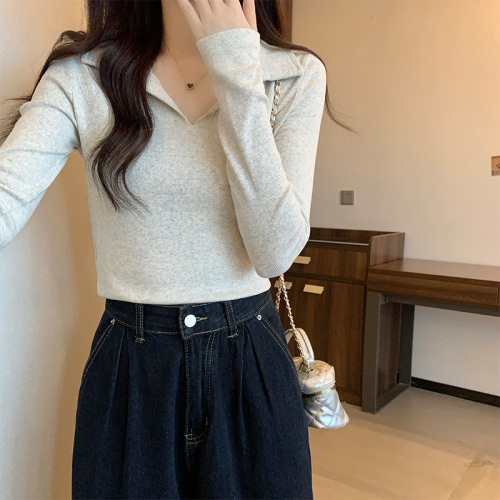 Real shot of polo shirt, right shoulder long-sleeved T-shirt for women, autumn and winter lapel solid color inner wear, slim short high-waisted top