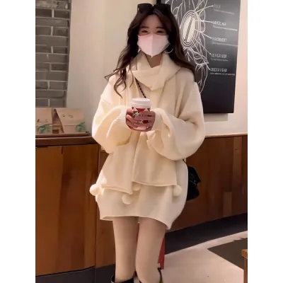 春秋新款軟糯高級慵懶風針織衫女百搭套頭寬鬆中長款戰袍毛衣