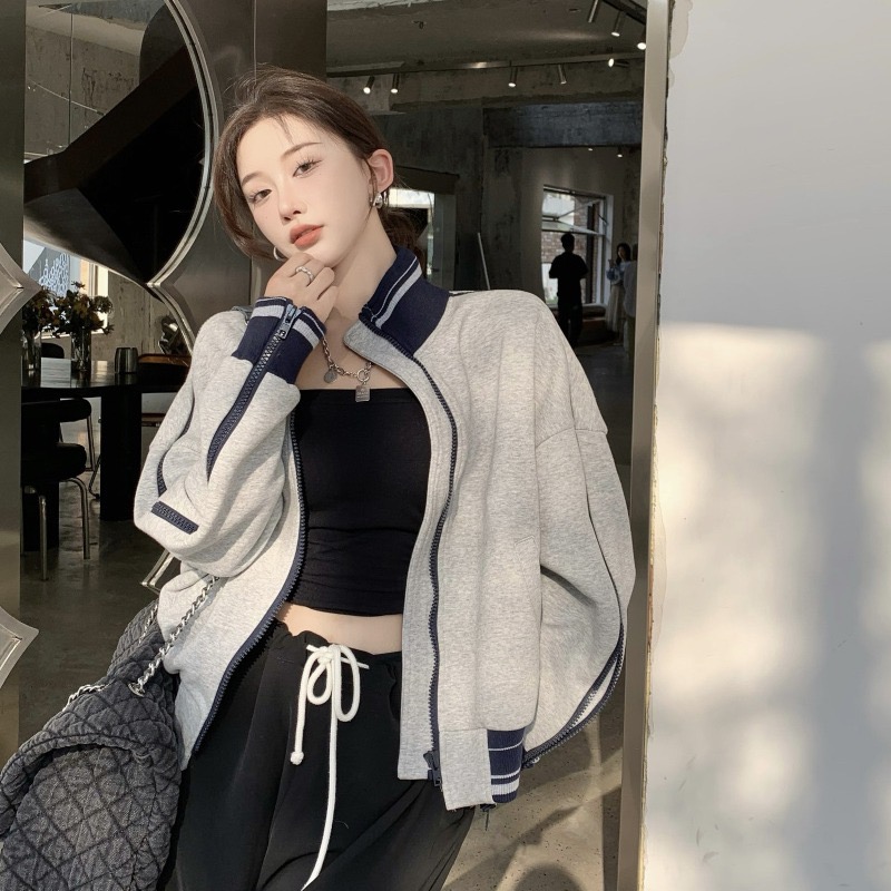 Lazy style stand-up collar baseball jacket for women spring and autumn loose casual splicing design tops for small people ins