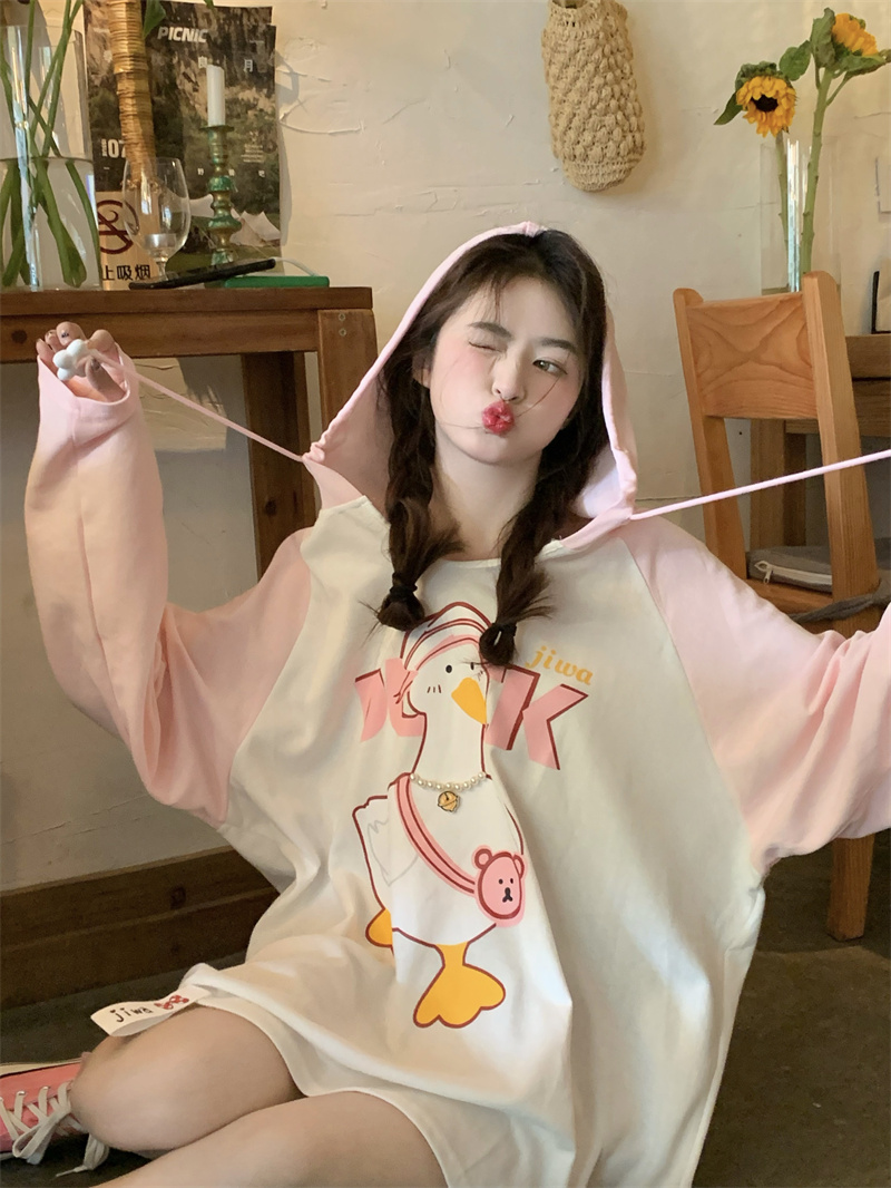 撞色印花立體可愛鴨子連帽T恤女秋季2023新款甜美寬鬆中長款上衣
