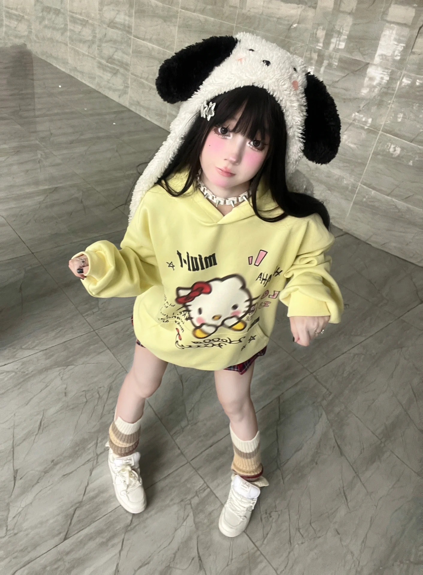 2023新款黃色凱蒂貓衛衣女秋冬小個子加絨加厚慵懶風連帽外套