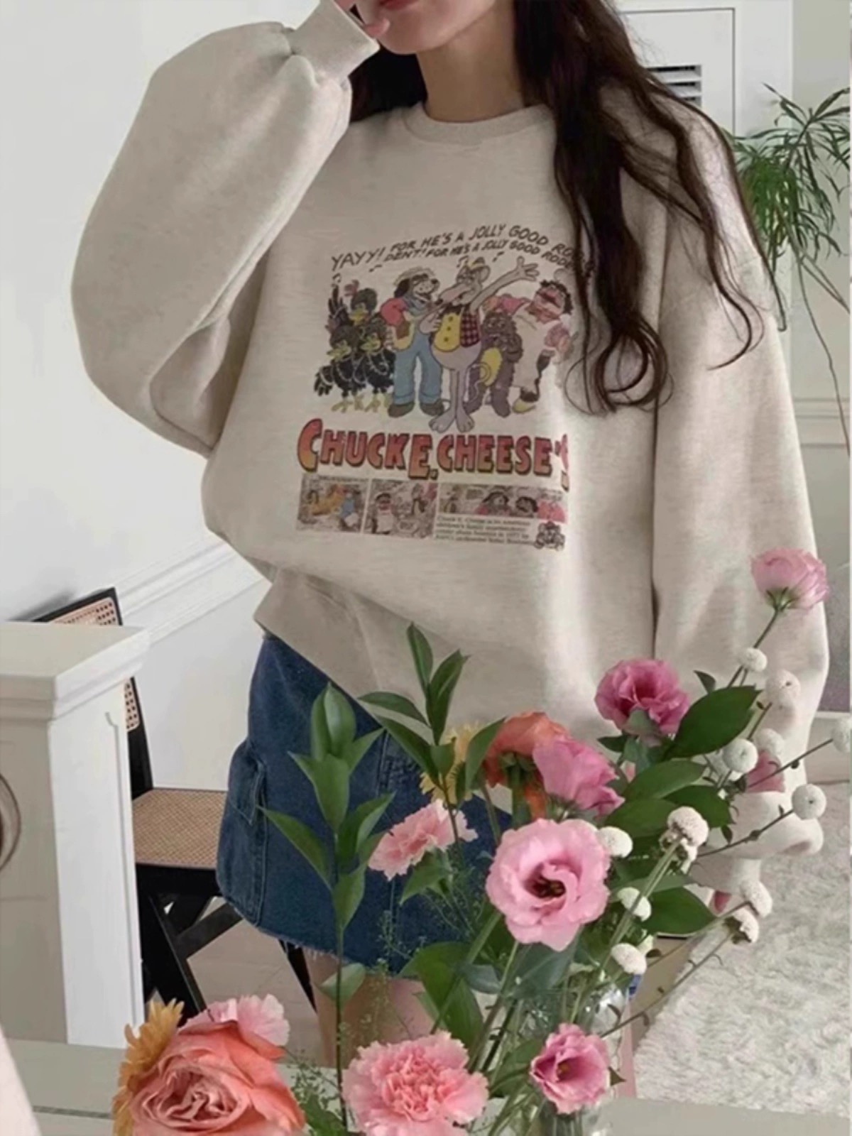 Thin Chinese cotton milk silk plus velvet Chinese cotton silver fox velvet round neck printed sweatshirt for women couple quality