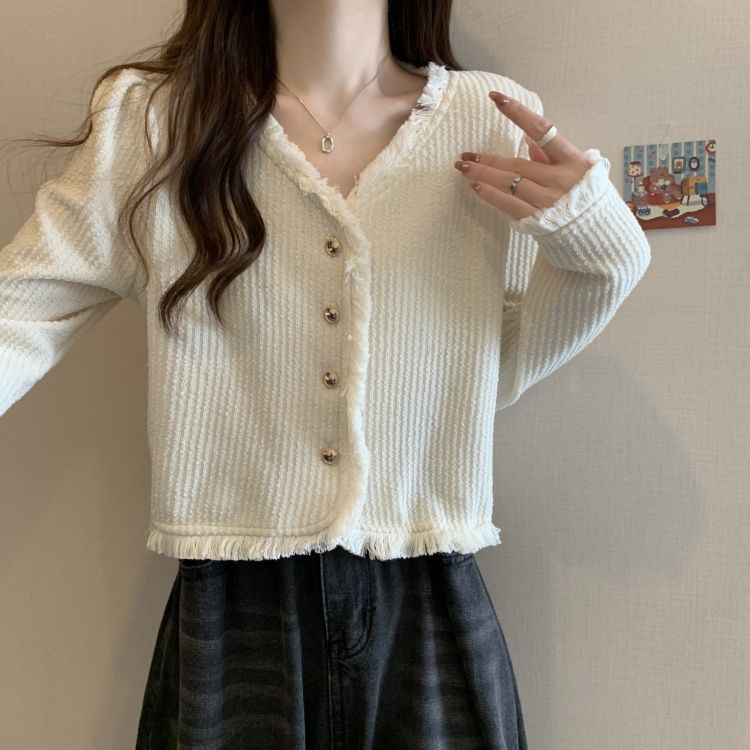 Xiaoxiang style V-neck tassel edge long-sleeved top women's shirt autumn Korean style retro versatile cardigan short jacket