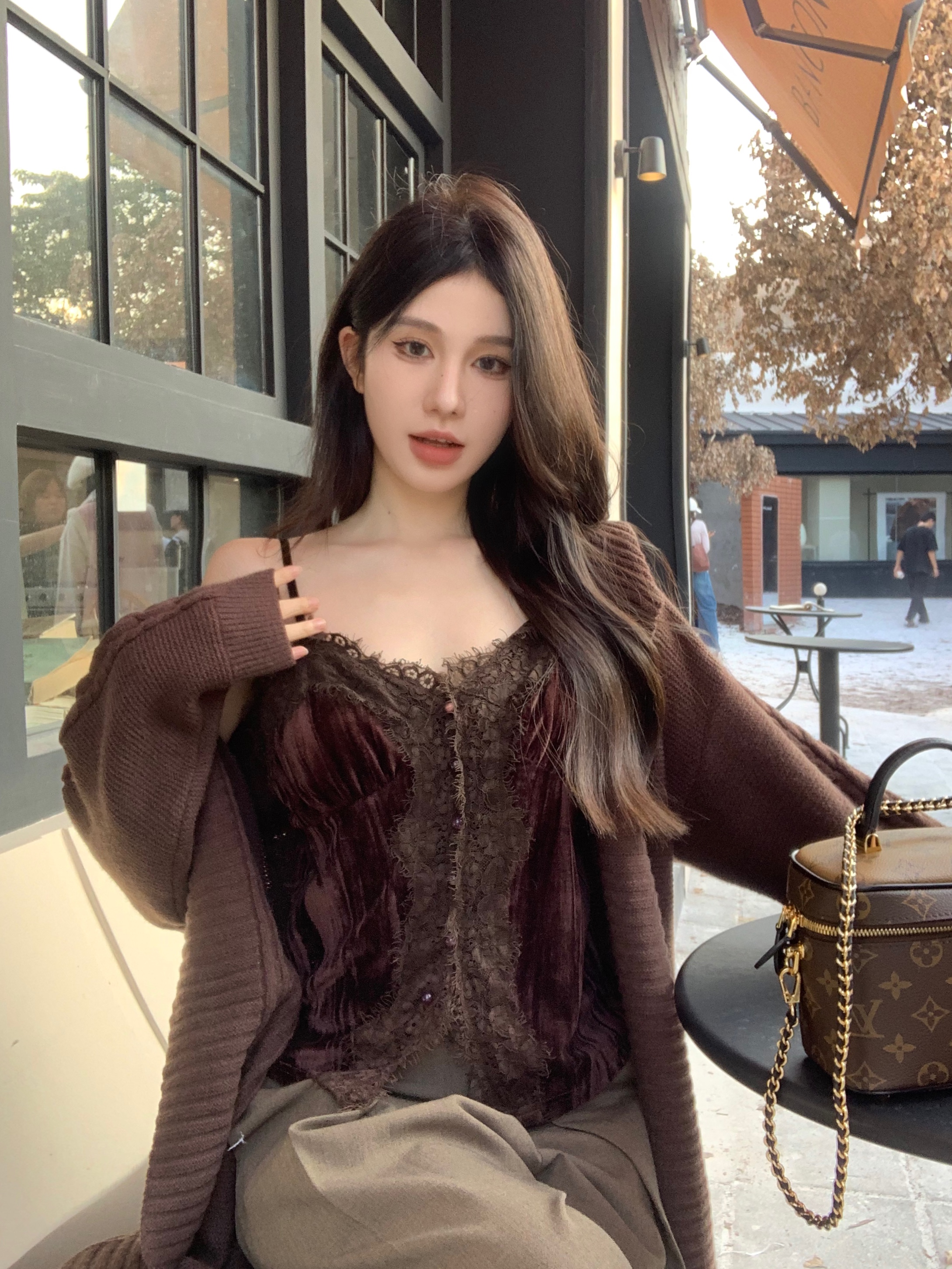 Actual shot of velvet lace suspenders, inner vest, beautiful back bra, all-in-one base layer top