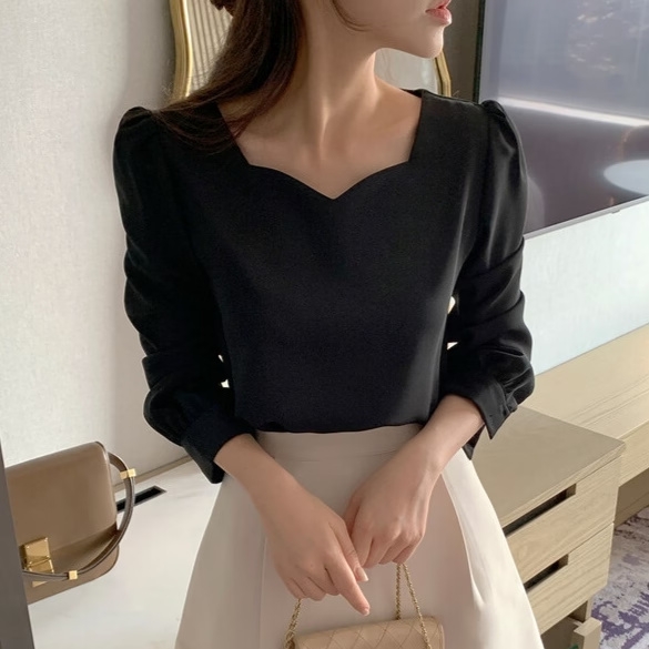 2023韓國氣質女裝秋季新款簡約愛心方領泡泡袖百搭套頭溫柔色襯衫