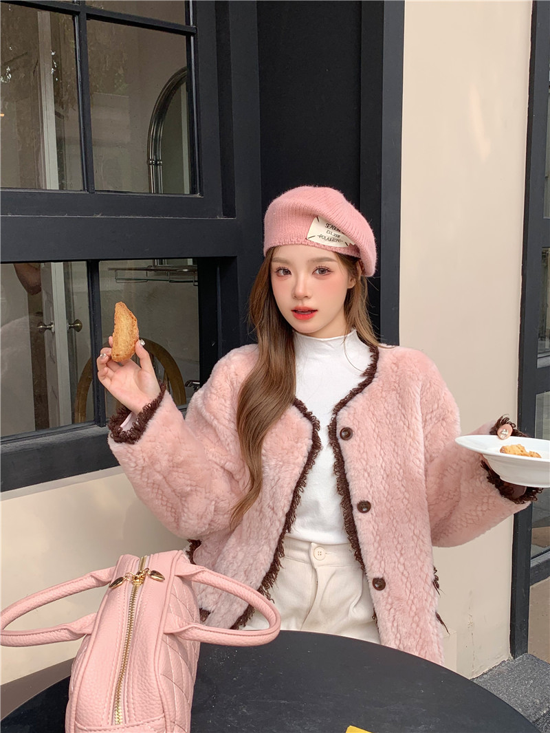 Actual shot of new winter Korean style loose design color matching fur one-piece plush warm jacket
