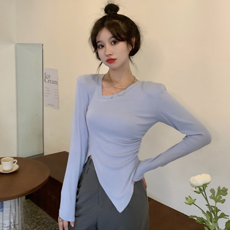 秋季新款不規則抽褶設計感女裝遮肉顯瘦遮肉女百搭小眾長袖上衣