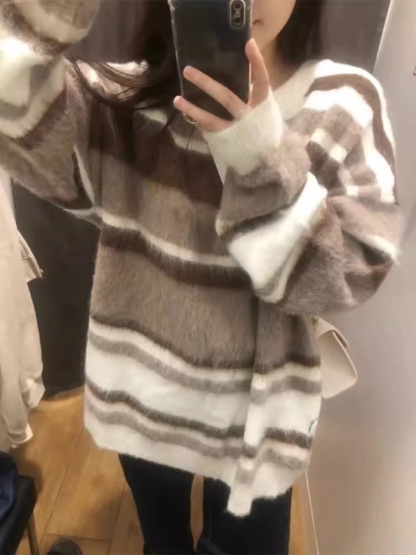 日系復古棕咖色條紋毛衣女秋冬奶fufu慵懶風馬海毛套頭針織衫上衣