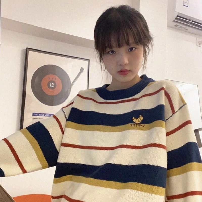 條紋毛衣女秋冬上衣寬鬆外穿外搭軟糯系溫柔復古日系慵懶風針織衫