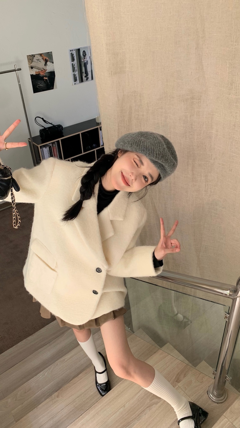 Actual shot Korean style slimming white soft woolen coat versatile student long-sleeved suit jacket