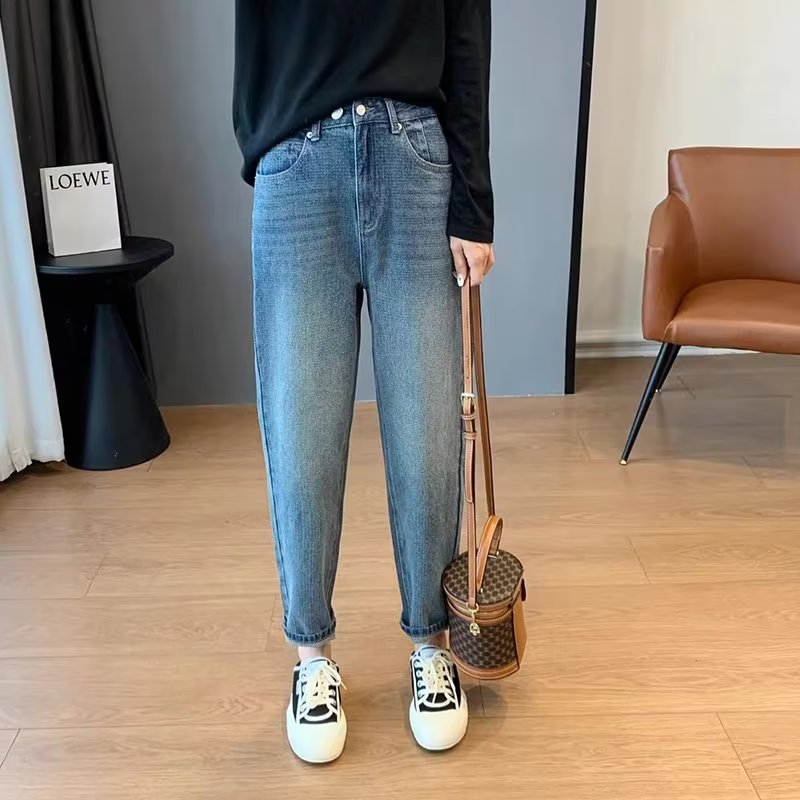大碼女裝復古超柔彈力編織哈倫牛仔褲胖妹妹顯瘦九分老爹褲