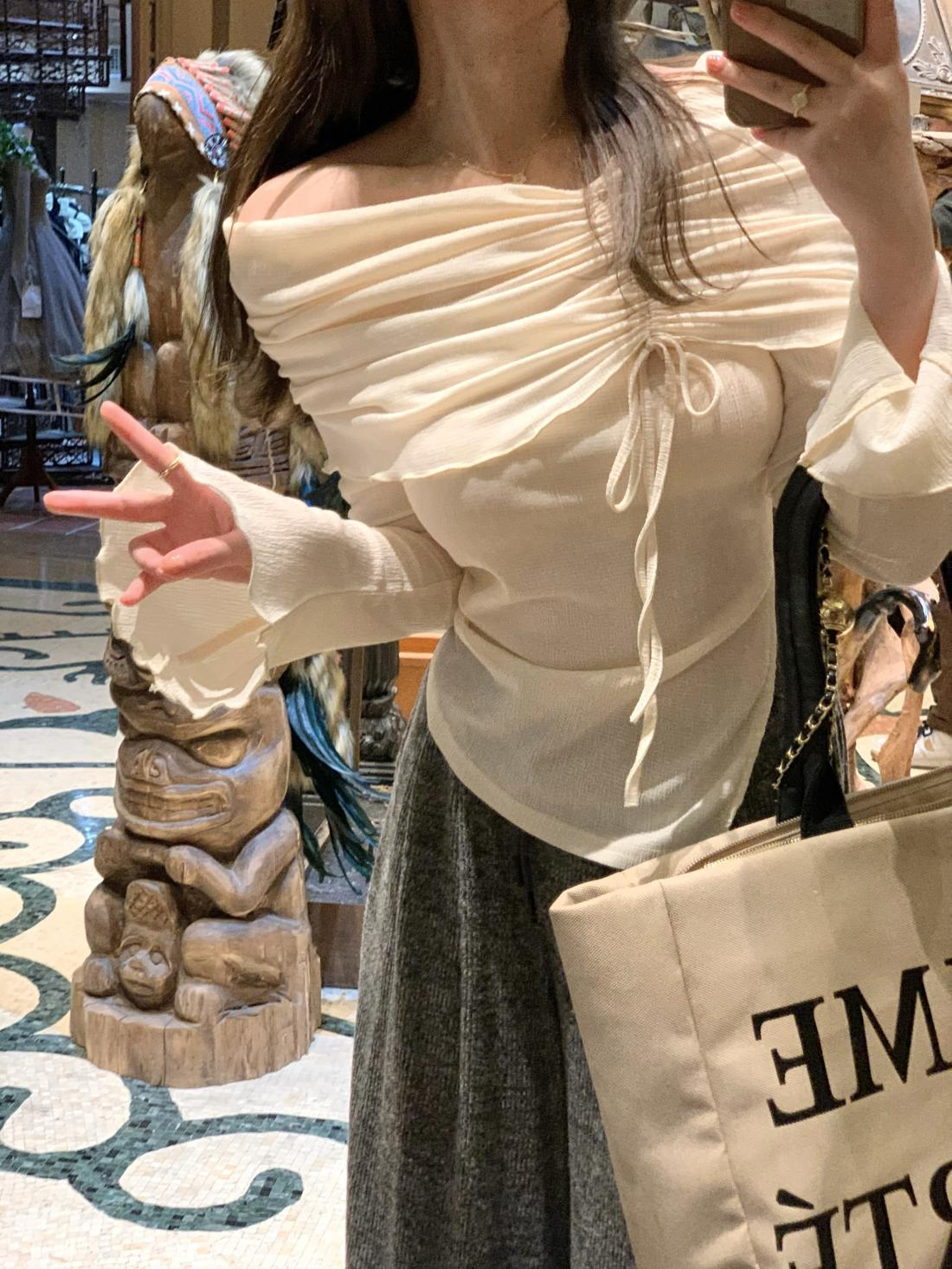 淑女風仙女大小姐一字肩上衣蓬蓬褶皺不規則綁帶一字領長袖女上衣