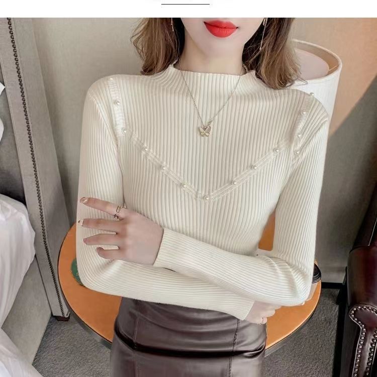 半高領釘珠打底衫高級感2023新款時髦時尚洋氣內搭打底毛衣包芯紗