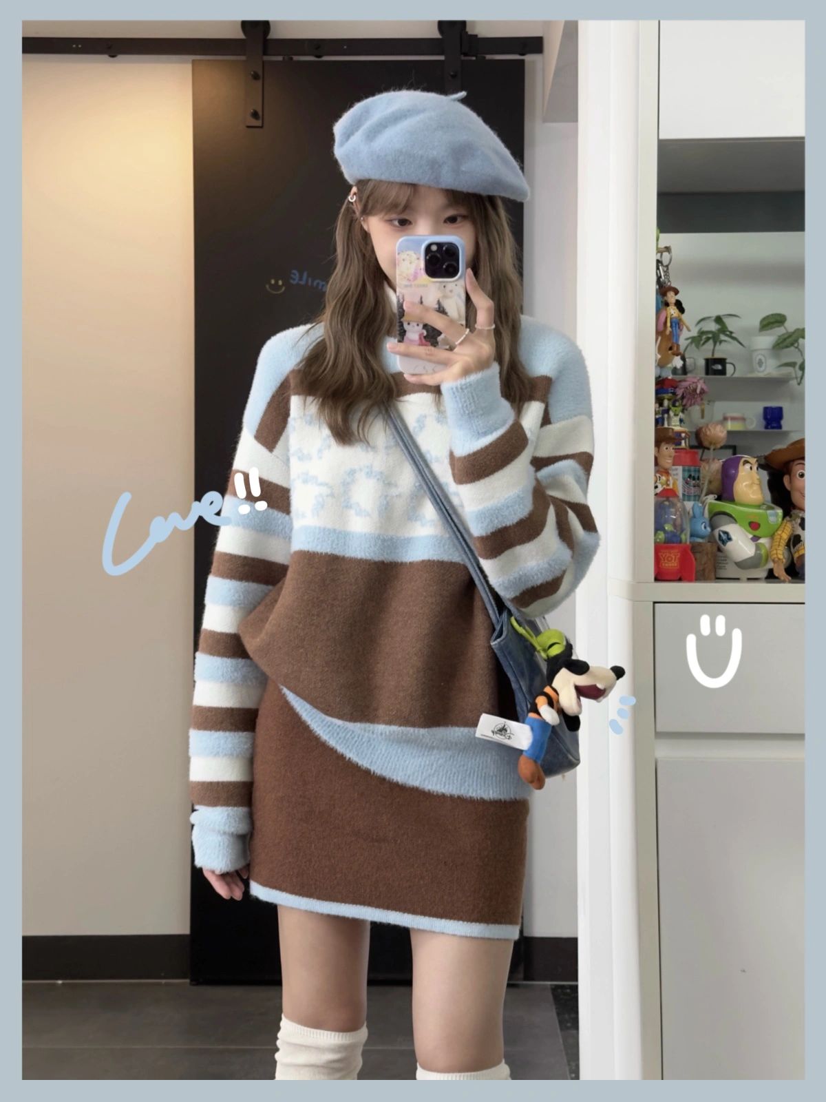 條紋水貂絨毛衣半身短裙套裝女秋冬季茶系穿搭一整套學院風兩件套