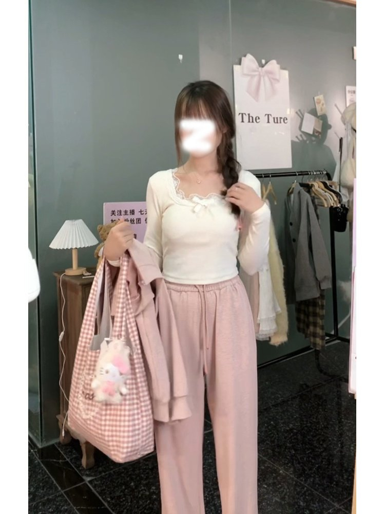 純欲性感蕾絲修身T恤打底衫女秋冬新款獨特别致的小上衣