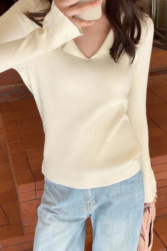 Real shot of French Polo collar knitted bottoming shirt for women in autumn and winter, soft and waxy long-sleeved v-neck slim fit top