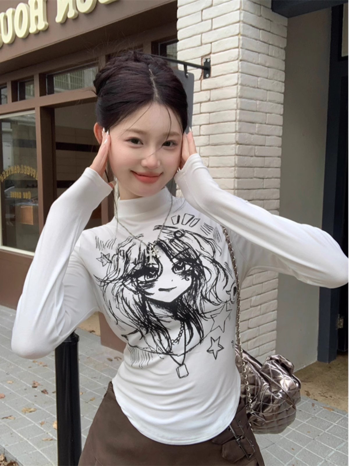 Half turtleneck long-sleeved T-shirt for women autumn Korean version 2023 new cartoon print slim fit irregular top ins