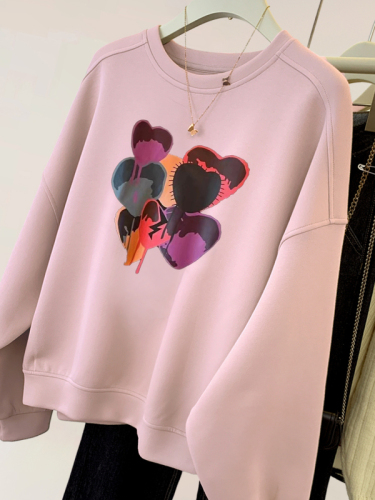 Pink love printed velvet thickened sweatshirt for women autumn and winter  new style lazy style European round neck top