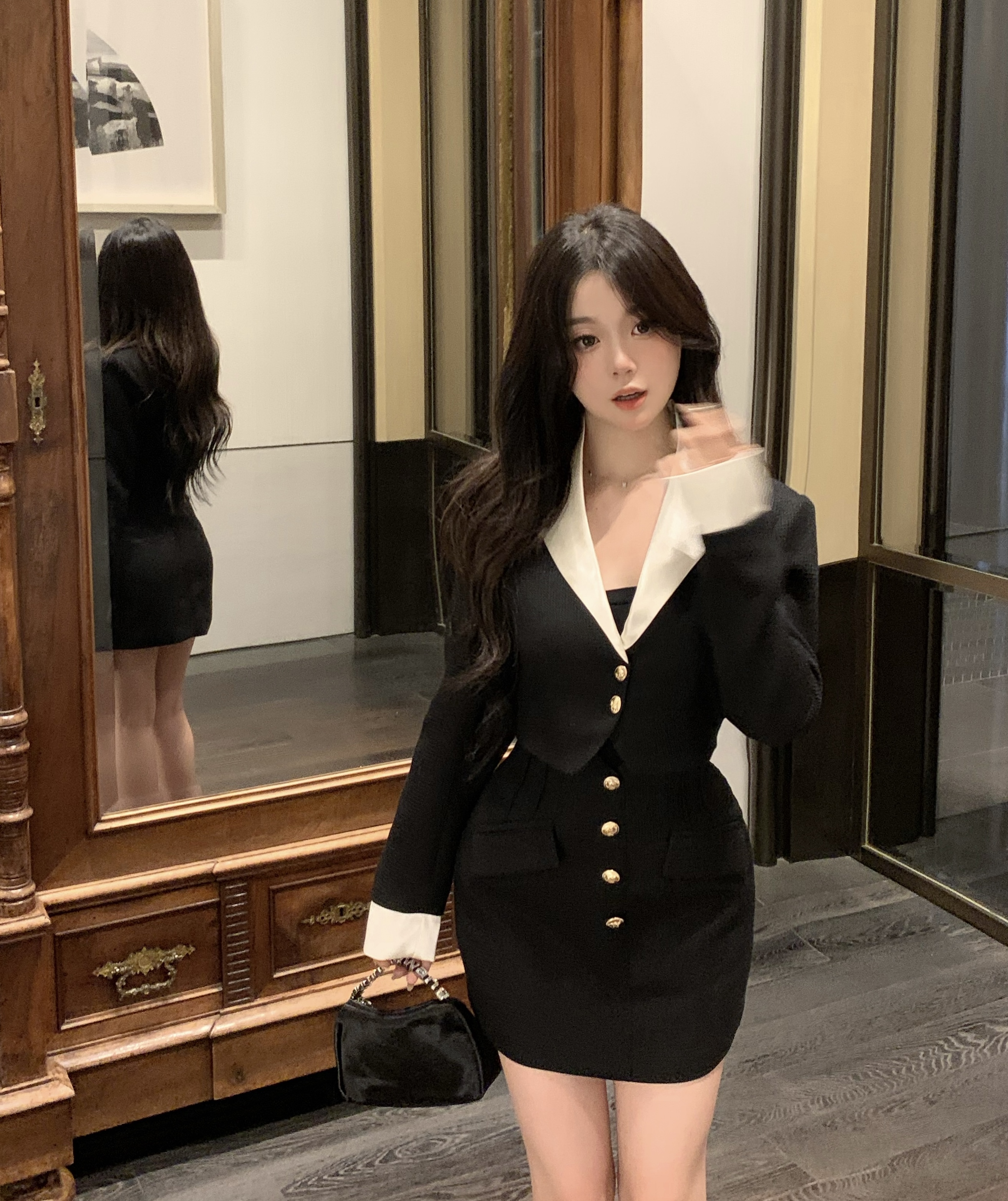 實拍韓劇女主角秋冬短外套西裝半裙兩件時尚套裝