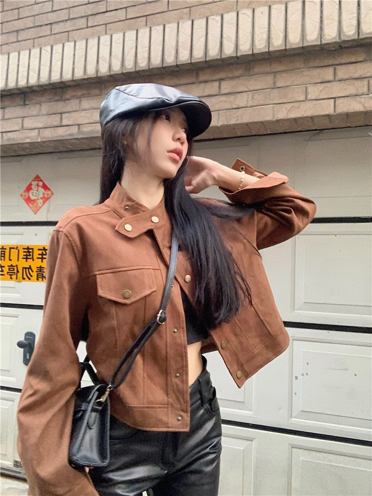 實拍~韓版法式復古街頭鹿皮短款長袖外套女