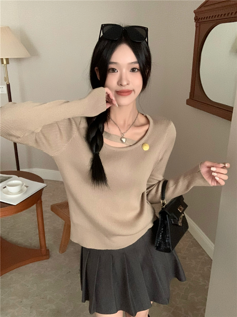 實拍鏤空掛脖打底衫女時尚洋氣內搭針織毛衣修身百搭白色上衣