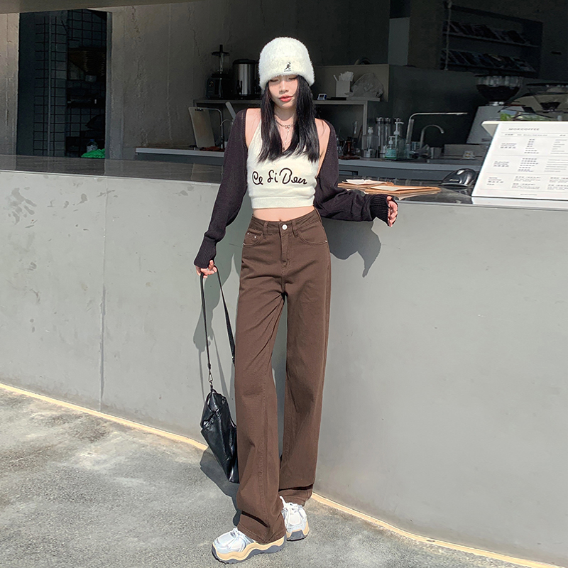 實拍 深咖色秋季新款顯瘦垂感牛仔闊腿褲女