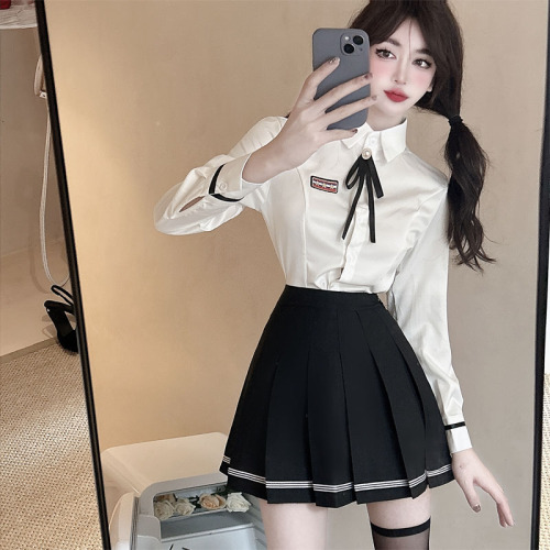 College style suit for women in autumn, age-reducing white long-sleeved tie shirt + pleated skirt work clothes two-piece set