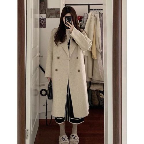 High-end gray woolen coat for women in autumn and winter 2023 new Korean style small coat mid-length thickened