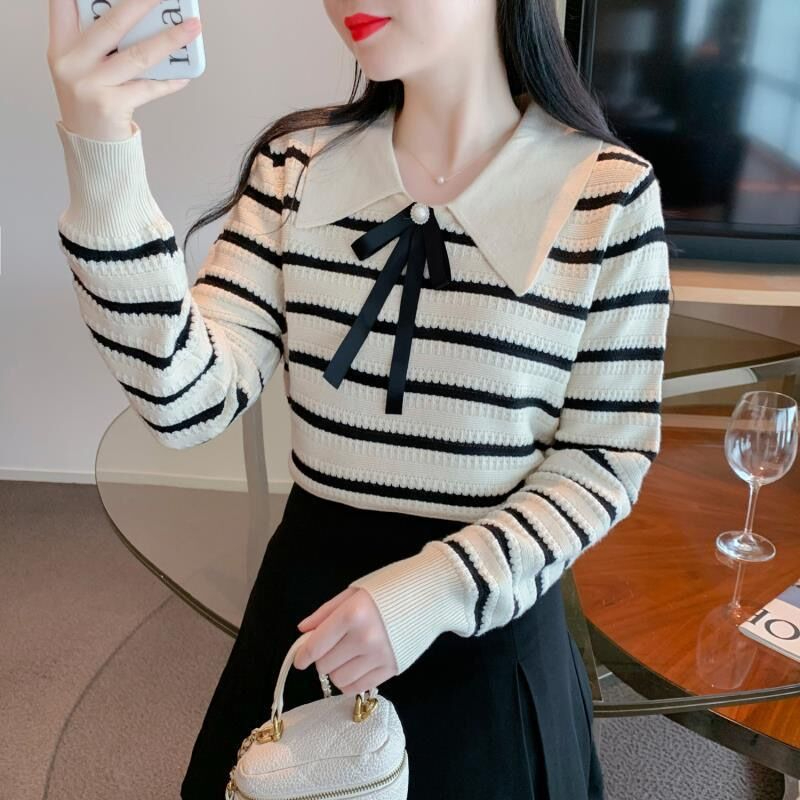 法式蝴蝶結毛衣女早秋新款女裝娃娃領條紋針織衫寬鬆打底長袖上衣