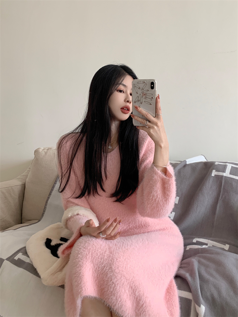 Actual shot ~ High-end lazy mid-length knitted bottoming dress mink velvet tolerant knee-length sweater dress