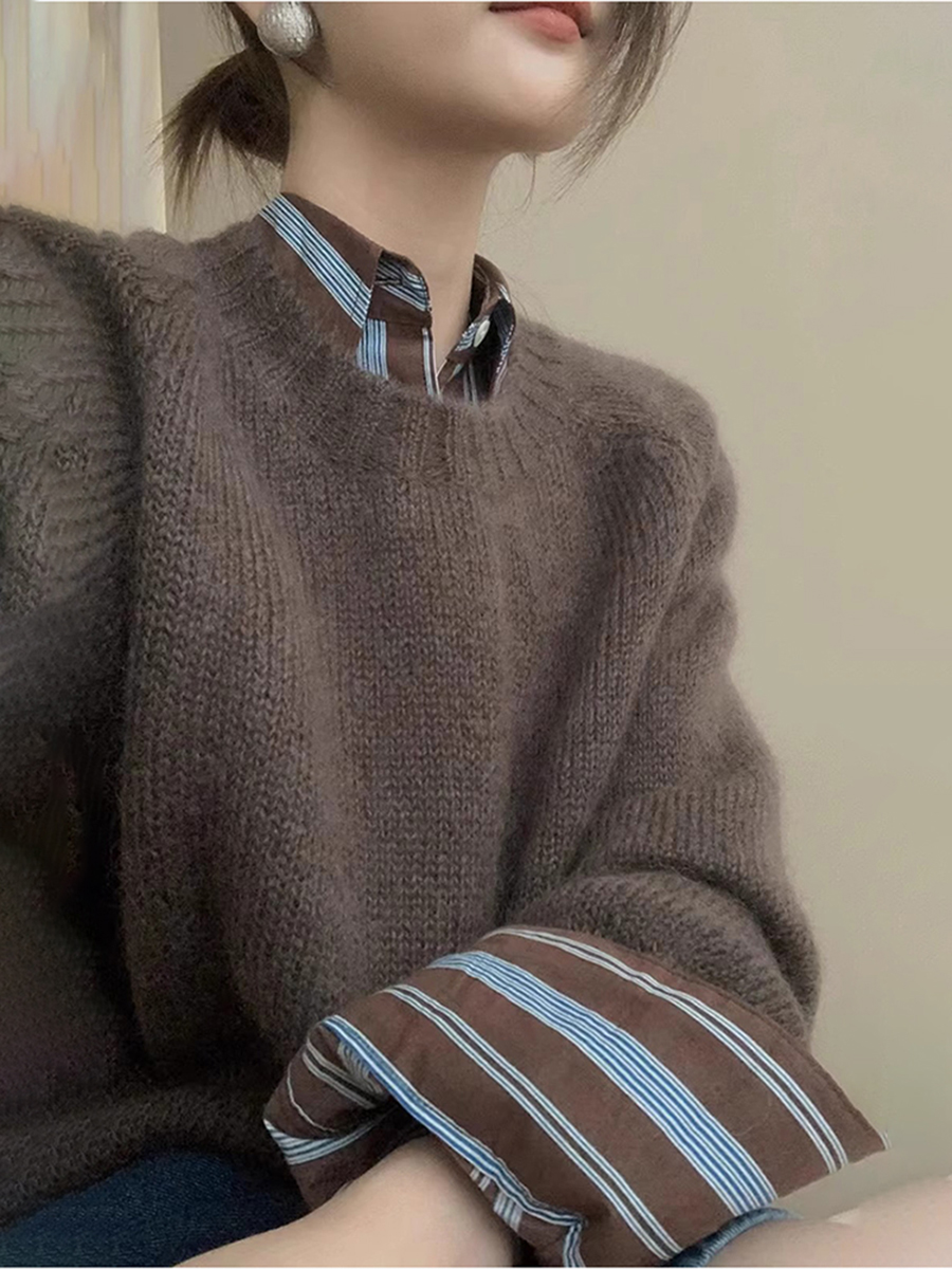 美拉德咖啡色圓領毛衣女秋季針織套頭慵懶風軟糯加厚上衣秋冬