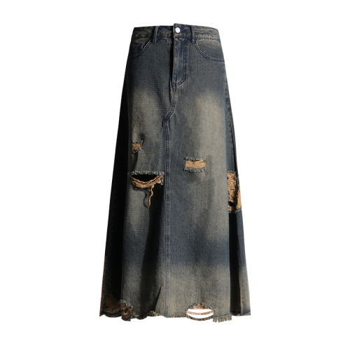 Photographed in  Autumn/Winter Fashion Long Dress, Versatile Style, Desolate Blue Denim Skirt