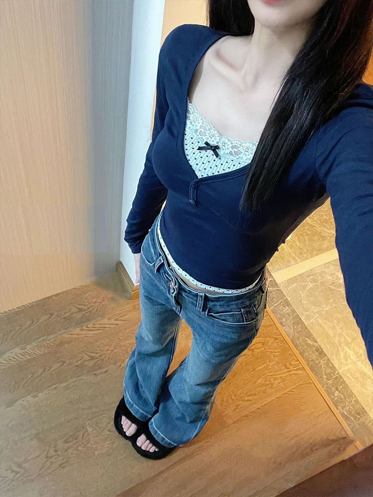 美式甜辣復古修身波點假兩件上衣女秋季V領純欲風緊身顯瘦長袖T恤