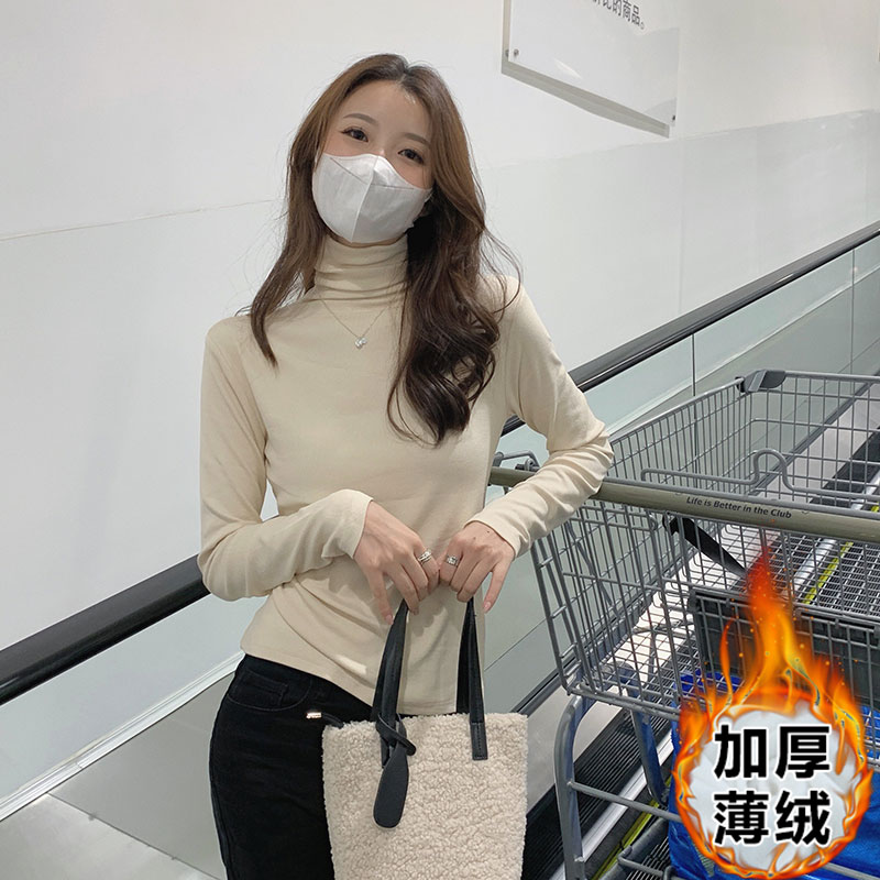 實拍美拉德堆堆領磨毛打底衫女秋冬加厚內搭長袖t恤純色上衣